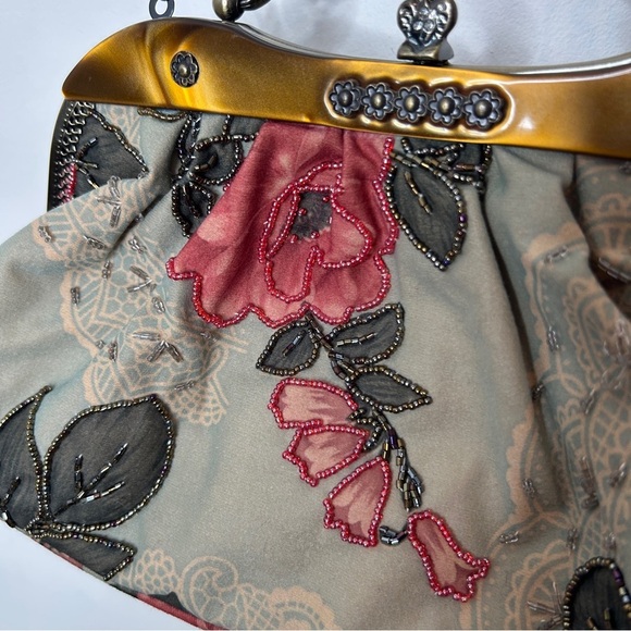 Vintage Floral Beaded Frame Purse Clutch Pink Green Brown - Picture 7 of 10